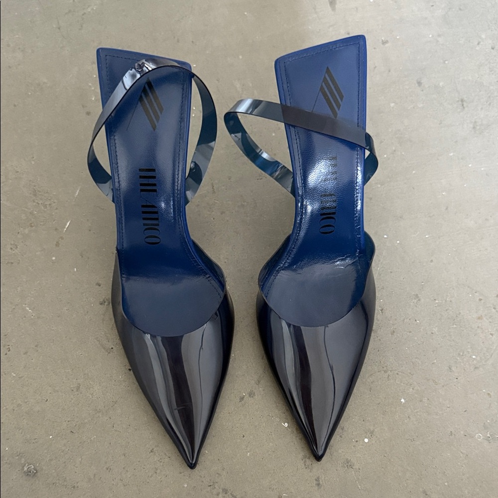 The Attico Navy Patent Pointed Slingback Heels with Cross Straps